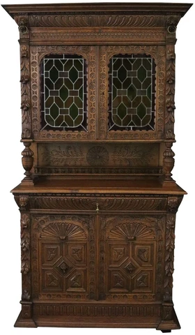 ANTIQUE BUFFET MECHELEN RENAISSANCE 1890 CARVED OAK WOODEN PEG  STAINED GL Cover
