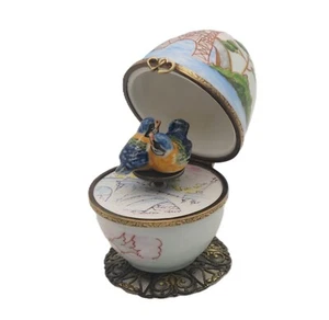 Plays Music French Limoges Trinket Box Paris Eiffel Tower Egg w Love Birds Key - Picture 1 of 6