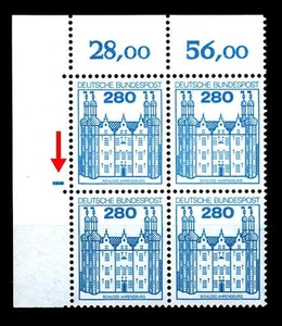 BUND Burgen und Schlösser 280 Pf., Mi. 1142**,Eck-Vierer o.l. mit Plattenzeichen - Picture 1 of 1