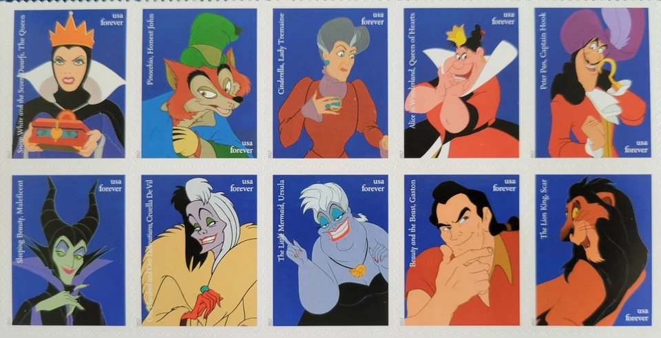 US Stamps 2017 Disney Villains MNH Forever Set Of 10 Scott 5213-5222 FV=$7.80 - Image 1 of 3