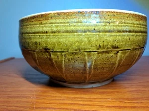 Green Brown Glazed Stoneware Bowl Handmade Art Pottery 8" x 4" Rustic Farmhouse - Picture 1 of 4