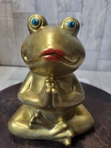 5" Gold Yoga Meditating Blue Eyed Red Lip Frog Figurine Statue Concrete Enhanced - Picture 1 of 12