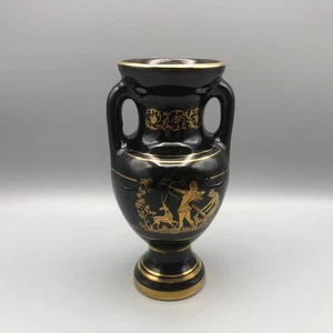 Vintage 24K Gold Meonis Handarbeit schwarz/gold griechische Mythologie Vase/Urne 7" hoch - Bild 1 von 7