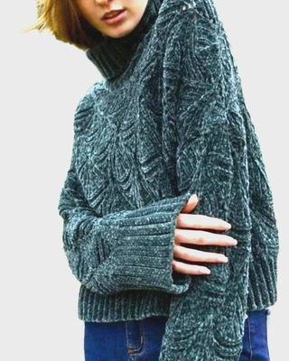 Suéter de felpa POL de chenilla recortado de gran tamaño S azul verdoso cuello alto Foto 1 de 4