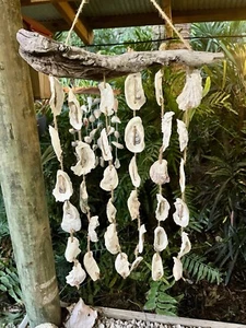 Handmade Oyster Shell Driftwood Wind Chime Mobile Coastal Beach Decor - Picture 1 of 4