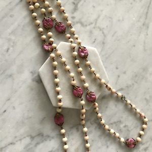 Super Long!! 58" Vintage Pink and White Bead  Necklace