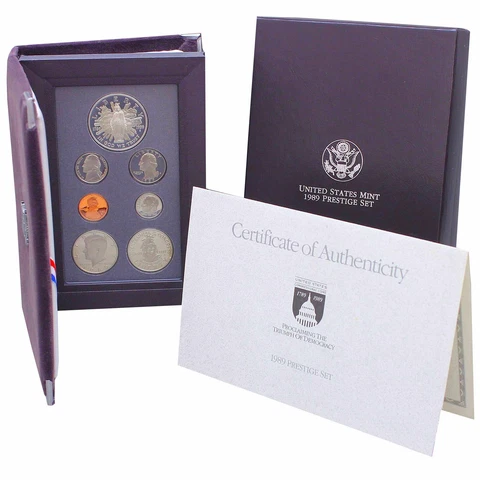1989 S Prestige Proof Set Congress Bicentennial 90% Silver Dollar 7 US Mint Coin Cover