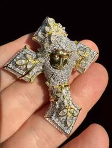 4.50Ct Round Lab Created Diamond Jesus Face Cross Pendant 14K Yellow Gold Plated - Picture 1 of 9