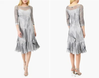 Vestido sin Mangas KOMAROV Gris Negro Gráfico Diamante Charmeuse y Encaje Midi XL = 14/16 Foto 1 de 2