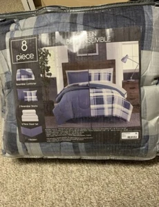 Chambray Blue & White Plaid Queen 8PC Comforter Set Bedding - Picture 1 of 8