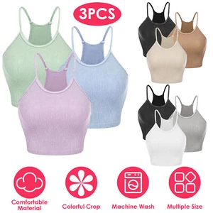 S-XL 3 Pack Women Crop Basic Tank Top Ribbed Knit Sleeveless Round Neck 9 Color - Picture 1 of 14