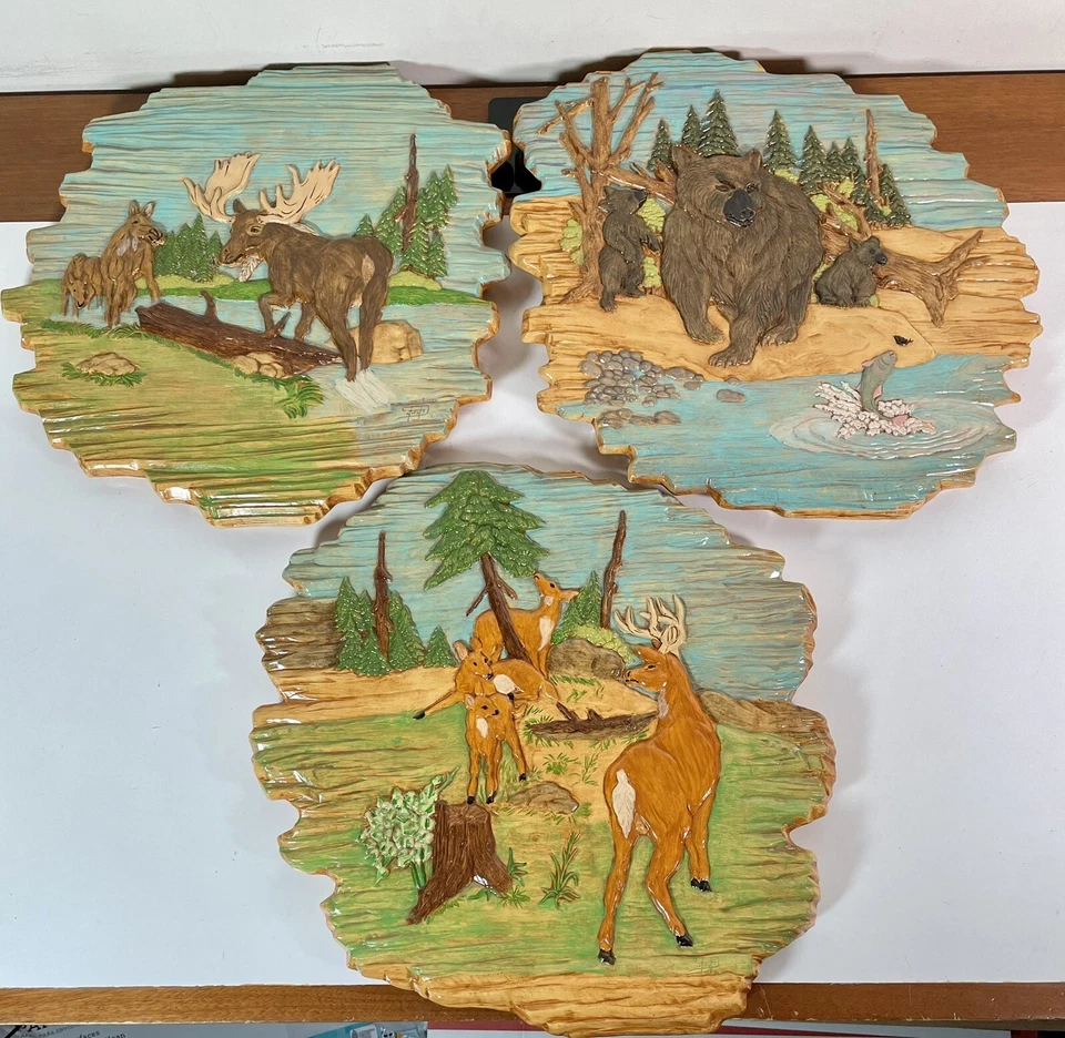 Vintage 3D Wildlife Wilderness Hand Painted Ceramic Rustic Cabin Decor Set Of 3 - Image 1 of 4