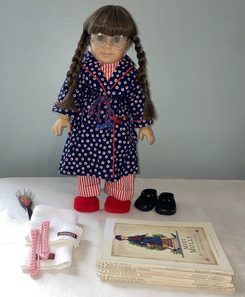American Girl Doll Molly Mcintire Red/White Pajamas Robe Slippers Brush Glasses - Image 1 of 4