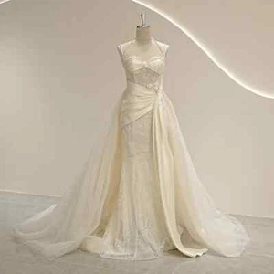 Luxury Pearls Mermaid Wedding Dress Sweetheart Neck Detachable Train Bridal Gown - Picture 1 of 10