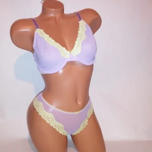 Victoria Secret Bra Set 36DD Unlined Demi Medium Thong Panty Purple Yellow Sheer - Picture 1 of 14
