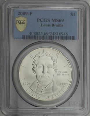 2009-P $1 Louise Braille 200th Birth Anniversary Silver Dollar PCGS MS69 - Image 1 of 4