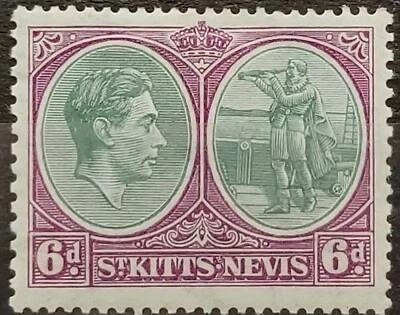 St Kitts & Nevis KGVI 1938 6d Green & Bright Purple Mint sg 74 - Image 1 of 2