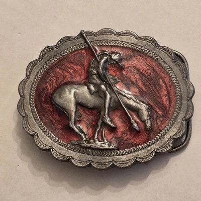 Fivela de cinto vintage Siskiyou fim de trilha estanho nativo americano e esmalte vermelho - Imagem 1 de 4