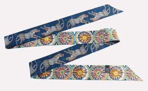 Premium Silk Skinny Twill Scarf -  Ribbon Band Handle Cat Walk in Tanzanite - Picture 1 of 8