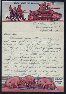 Membrete patriótico de la Segunda Guerra Mundial 1944 dibujos animados tanque y líderes del eje, trae a casa el tocino - Imagen 1 de 2