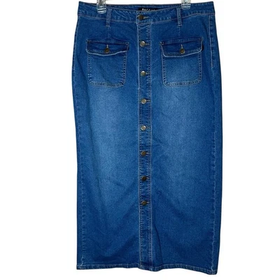 Maxi Falda Vaquera Y2K Baccini Talla 10 Botones Frontal Parche Recto Bolsillo Preppy De Colección Foto 1 de 4