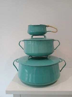 Dansk Dinamarca Kobenstyle verde azulado esmalte conjunto cazuela tapa trivet Jens Quistgaard Foto 1 de 4