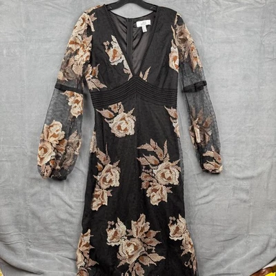 Belle Badgley Mischka Black Floral Lace Dress US 10 Long Sleeve Party Cocktail - Image 1 of 4