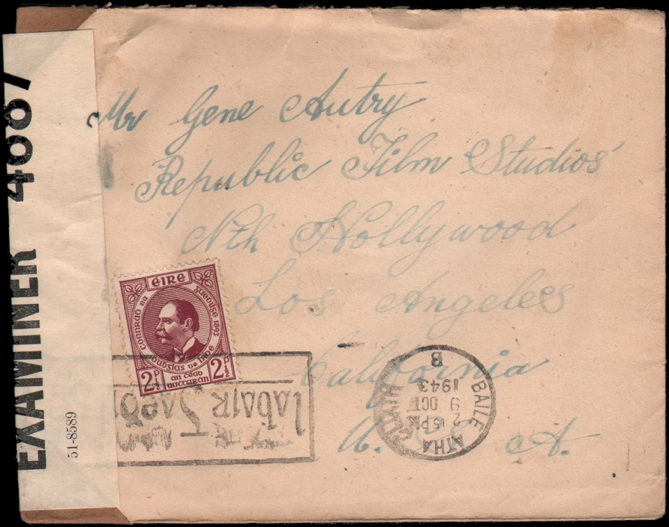 Baile Atha Cliath (Dublín) al actor Gene Autry, Hollywood CA, 1943, censurado Foto 1 de 1