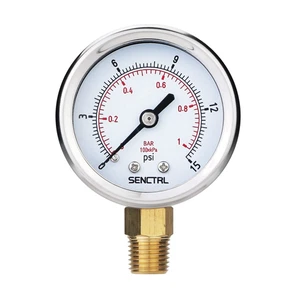 0-15 Psi Low Pressure Gauge, 2" Dial Size, 1/4 Npt Lower Mount, Waterproof, Stai - Picture 1 of 12