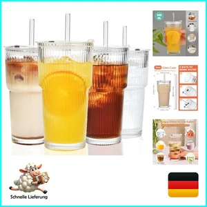 4 Stück 600ml Gerippte Glasbecher mit Deckel und Strohhalm, dickwandige und r... - Bild 1 von 11