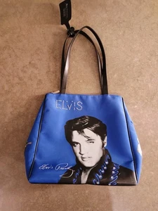 Elvis Presley Tasche Handtasche Reißverschluss oben Taschen Strass Vintage blau - Bild 1 von 2
