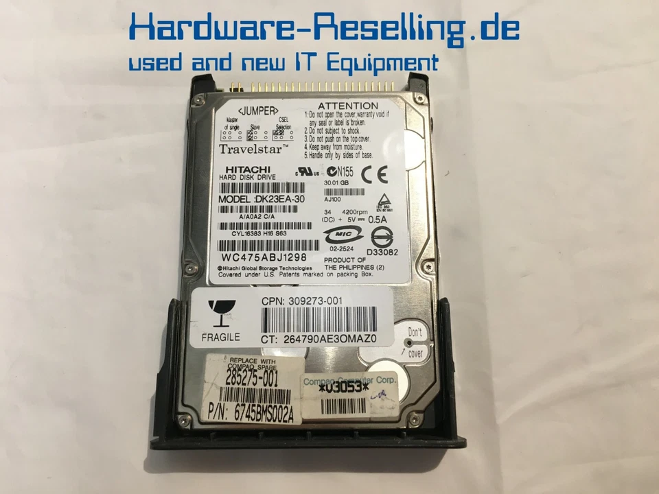 HITACHI Travelstar HDD IDE 30GB 2,5" 2MB 4200RPM 1Gb/s DK23EA-30 309273-001  - Bild 1 von 1