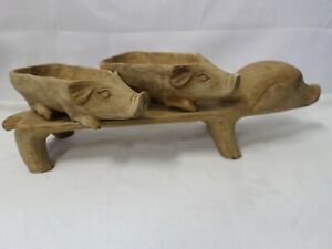 Vintage 3pc Hand Carved Wood Pig Platter Charcuterie Tray 20" With 2 Pig Dishes