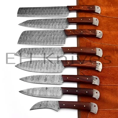 EH KNIVES 8 PIECES CUSTOM FORGED DAMASCUS STEEL KITCHEN CHEF KNIVES SET ROSE WOOD HANDLE