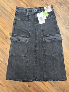 denim cargo midi skirt front open split 1/25 black nwt hi waist 4 pockets cute - Picture 1 of 17