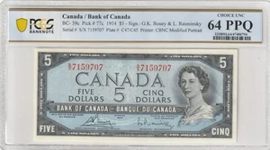 Canada 1954 5 Dollars Certified PCGS Banknote UNC 64 PPQ Pick BC-39c - Picture 1 of 2