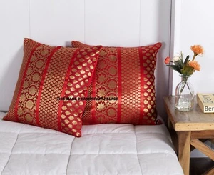 Indian Bohemian Patchwork Silk Brocade Silk Ethnic Cushion Covers Red 17" Square - Picture 1 of 3