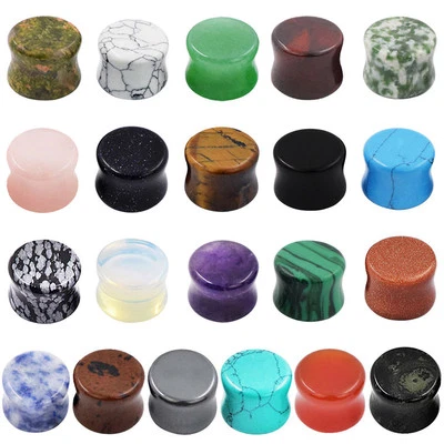 Pair Organic Stone Ear Plugs Flesh Tunnels Double Flared Ear Gauge 6mm-16mm - Image 1 of 4