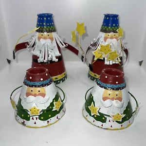 4 Vintage Christmas Cone-shaped Santa Metal Candle Holder Set Of 4 w/Stars - Picture 1 of 12