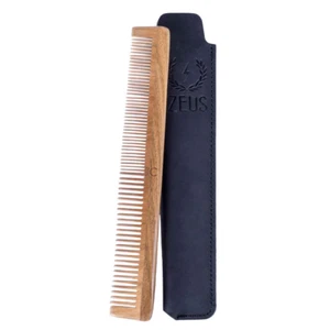 ZEUS Sandalwood Beard & Mustache Comb with Leather Case, Long Handmade Saw-Cut & - Picture 1 of 12