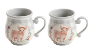 The Pioneer Woman Gray Gingham with Pig Decal 15-Ounce Ceramic Mug Set of 2