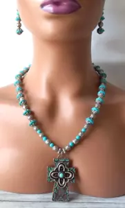 Southwestern Patina Cross Artisan Turquoise Silver Necklace Earring Set - Picture 1 of 5
