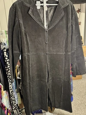 Blazer Trench Vintage Denim & Co Bordado Cuero Gamuza Negro 3 Botones - 2x Foto 1 de 4