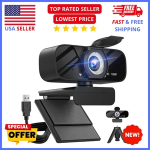 1080P HD Webcam with Mic – USB Plug & Play, Privacy Cover, Zoom & Streaming - Afbeelding 1 van 9