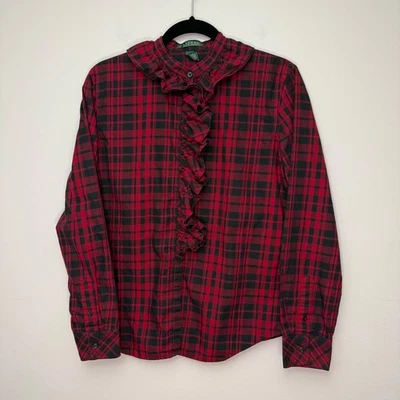 Lauren Ralph Lauren Women Gift Giving Ruffle Red Black Plaid Long Sleeve Shirt L - Image 1 of 4