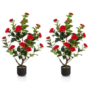 Confezione 2 Pianta Finta Floreale Albero Di Camelia Artificiale 38" per Decorazione Rosso - Foto 1 di 9