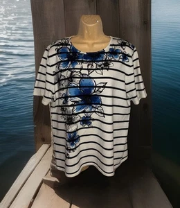 Alfred Dunner Top Size L Floral Short Sleeves Striped Cotton/Acrylic Rhinestones - Picture 1 of 12