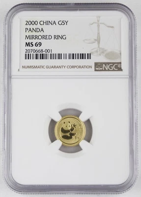 Anillo espejo moneda panda oro 999 China 2000 5 yuanes 1/20 oz NGC MS69 GEMA fecha clave Foto 1 de 4