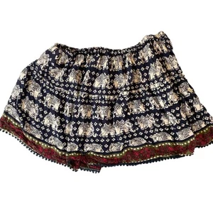 Angie Elephant Print Shorts Boho Pom Trim Elastic Waist Casual M Hippie Granola - Picture 1 of 8