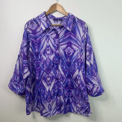 Basic Editions Purple Button Front Women’s 2X Geometric Print Lightweight Top - Image 1 of 4